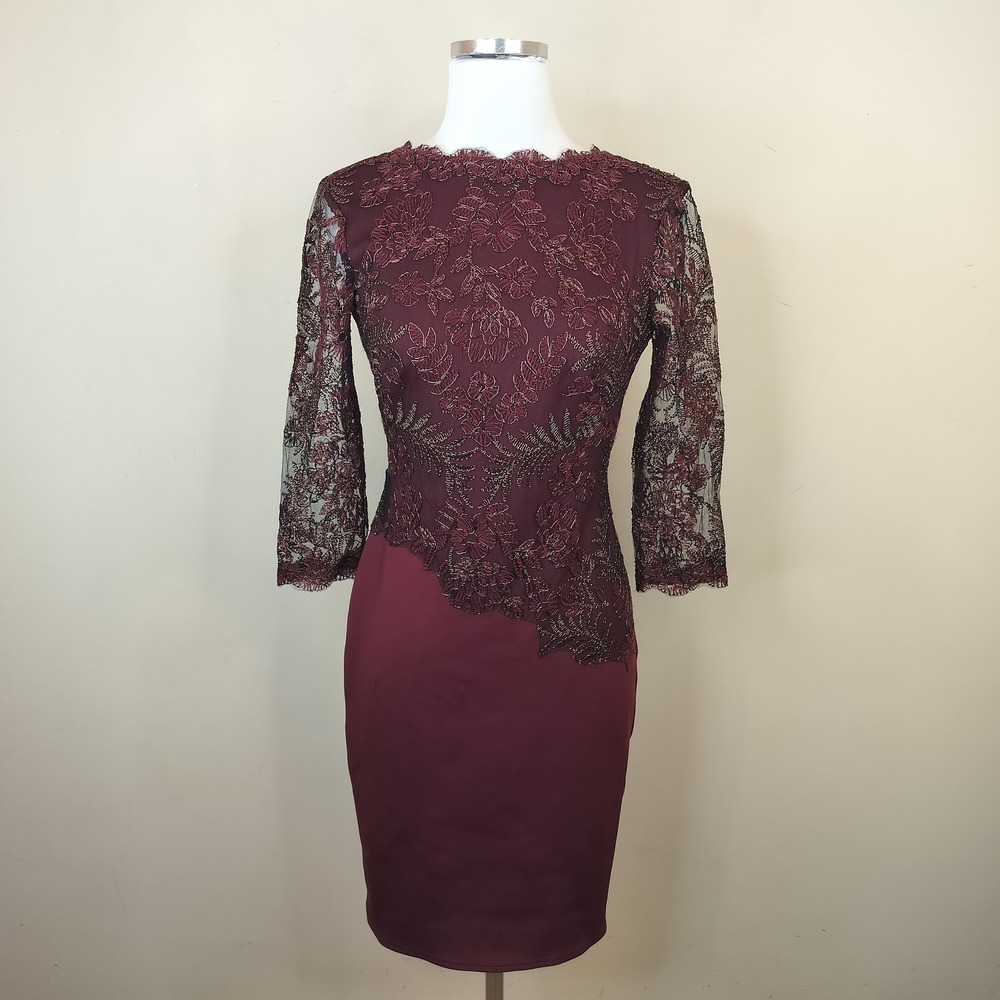 Tadashi Shoji Lace Embroidered Sheath Dress 2 Sheer Overlay Cocktail Raisin - Picture 2 of 14